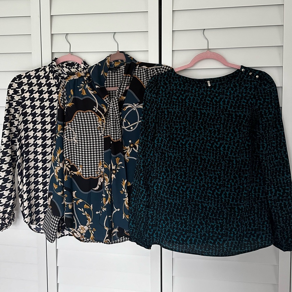 Ann Taylor Business Casual Top Blouse Shirt Houndstooth Floral Pattern Bundle